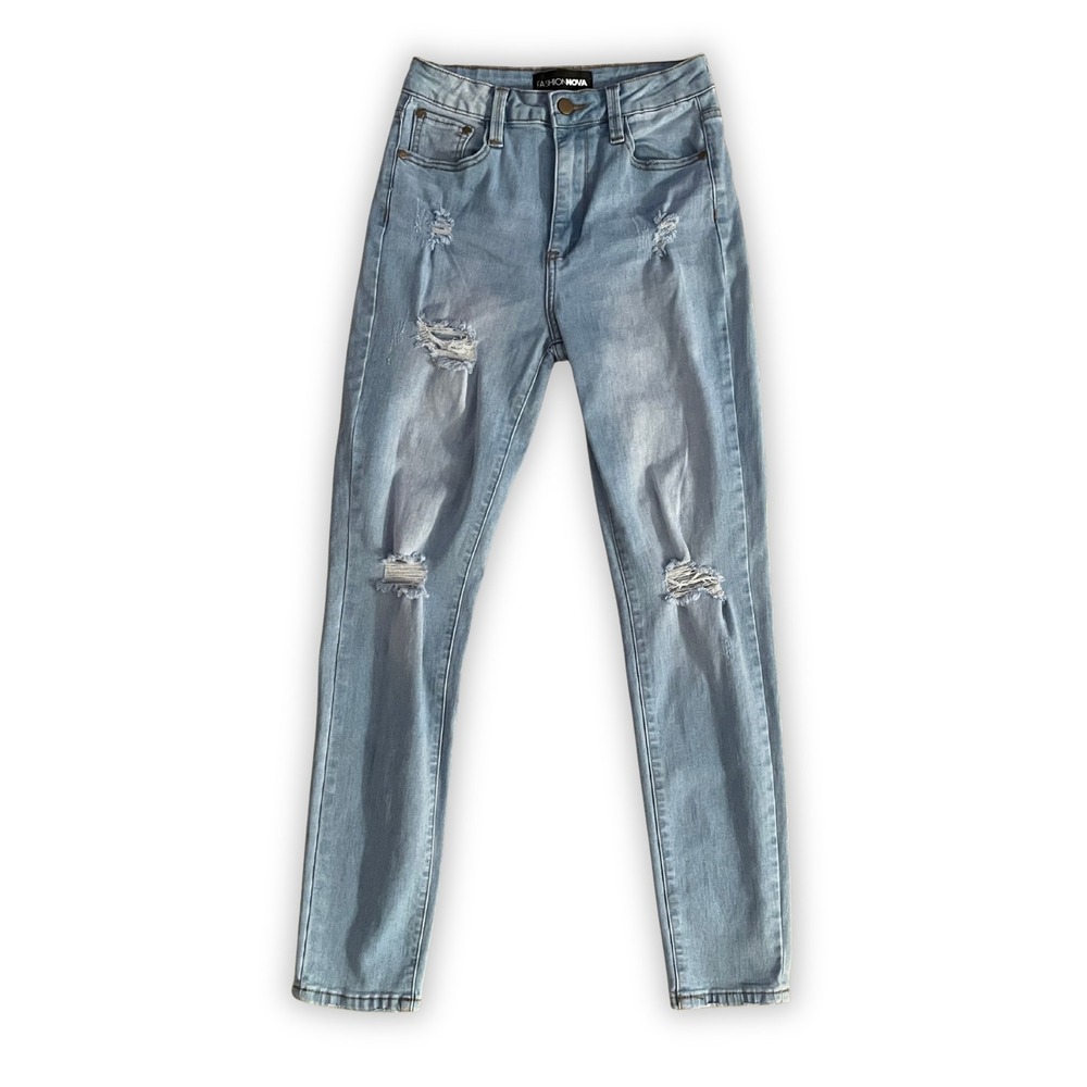 Fashion Nova Light Wash Distressed High Waisted Skinny Jeans Size 5
